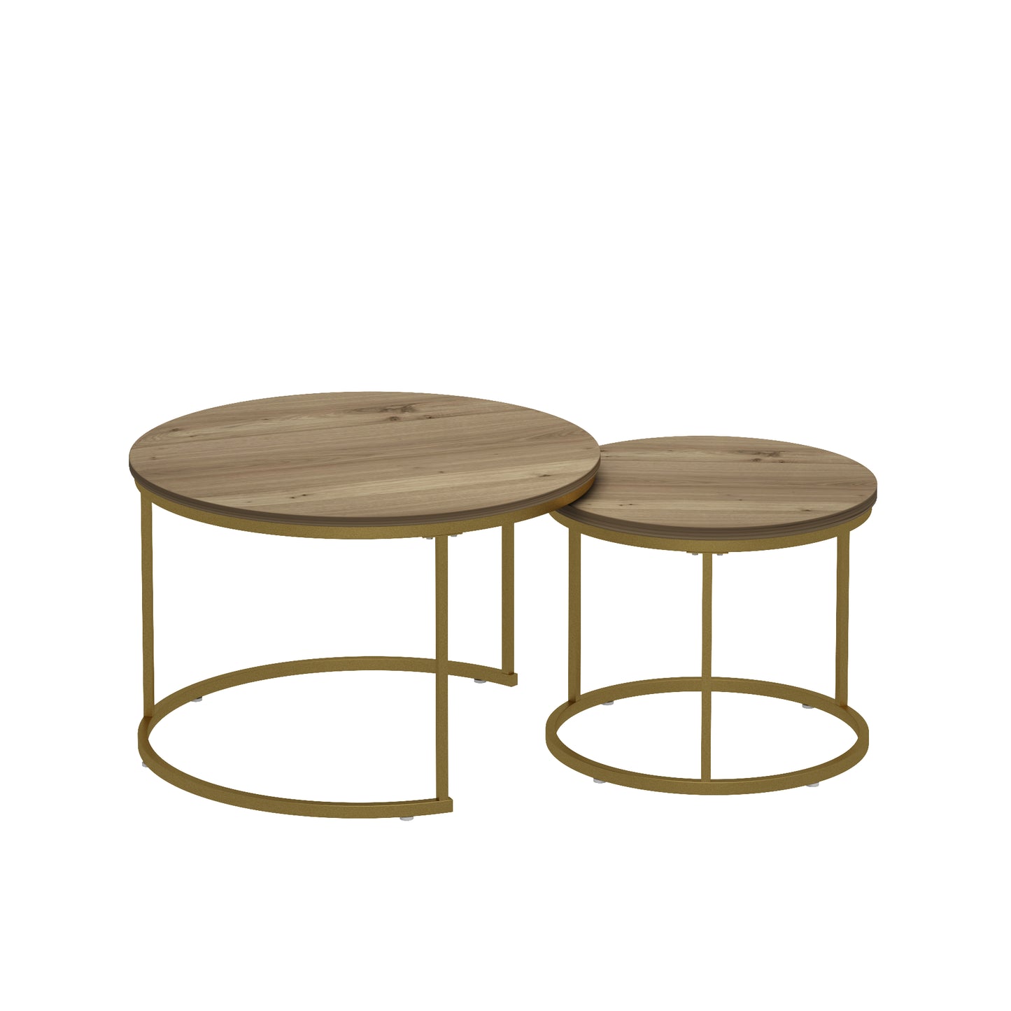 Nesting Coffee Table Set of 2 - Round Wood & Metal - Brown+Gold