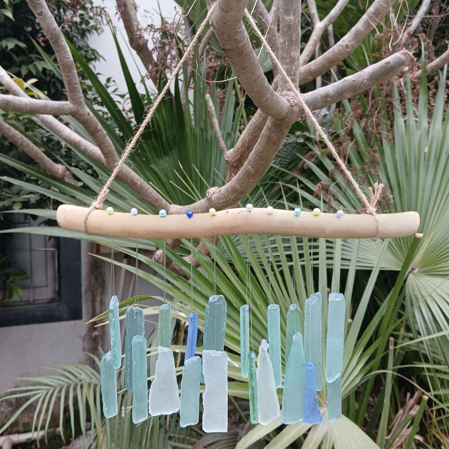 Handmade Sea Glass and Driftwood Wind Chime for Garden Decor