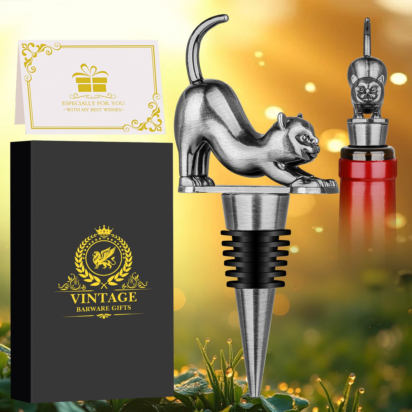 Elegant Cat-Shaped Wine Stopper Set - Gift Boxed High-End Accessories