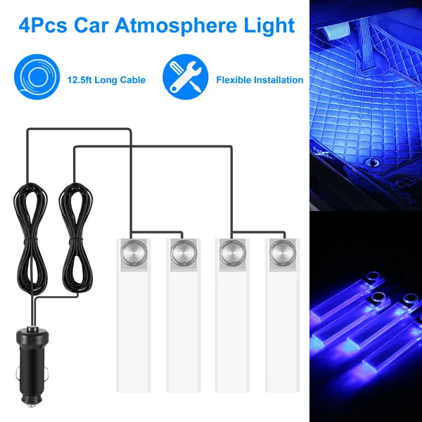 4-Pack Car Interior LED Atmosphere Lights Blue, 360° Adjustable, Easy Install