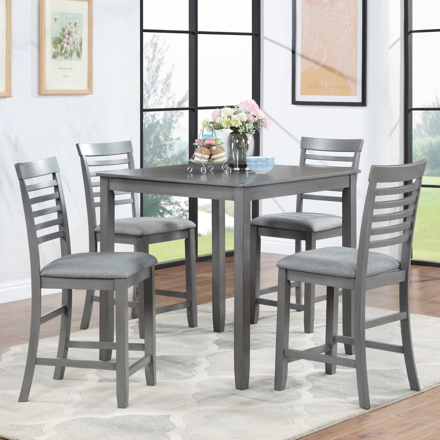 5-Piece Counter Height Dining Table Set with 4 Chairs - Gray
