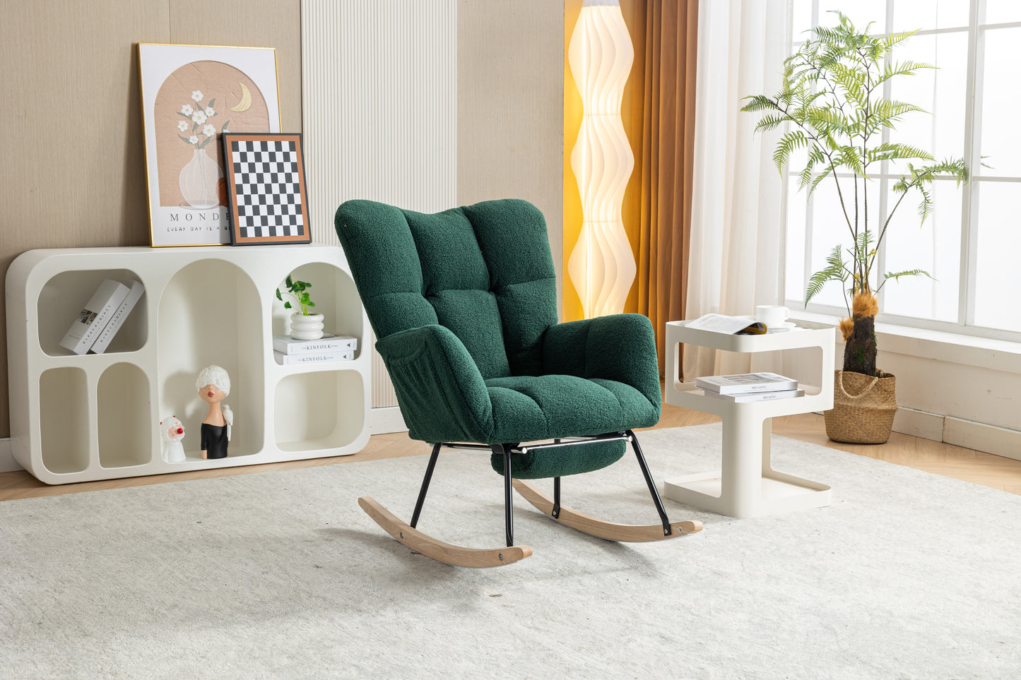 Teddy Fabric Rocking Chair with Adjustable Footstool - Green