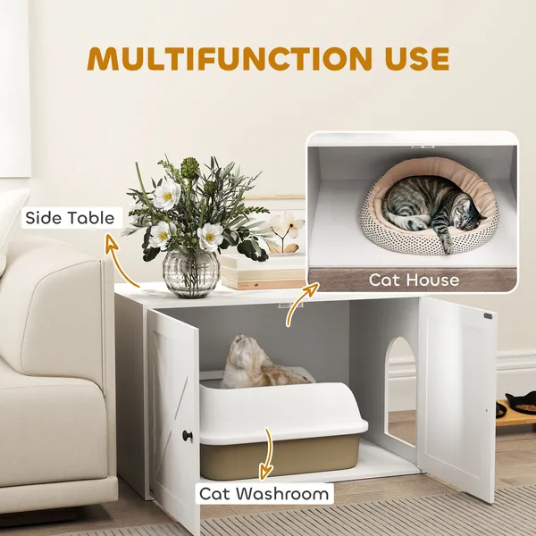 Cat Litter Box Enclosure with Barn Door and Cat Hole - White Pet House & Hidden Cat Bathroom