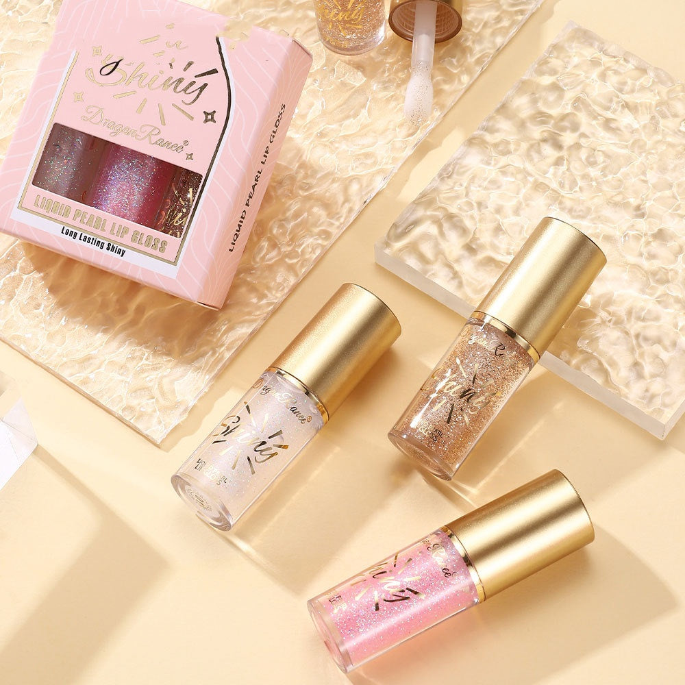 Pearlescent Lip Gloss Set with Large Brush - Moisturizing, Long-Lasting, 3 Colors