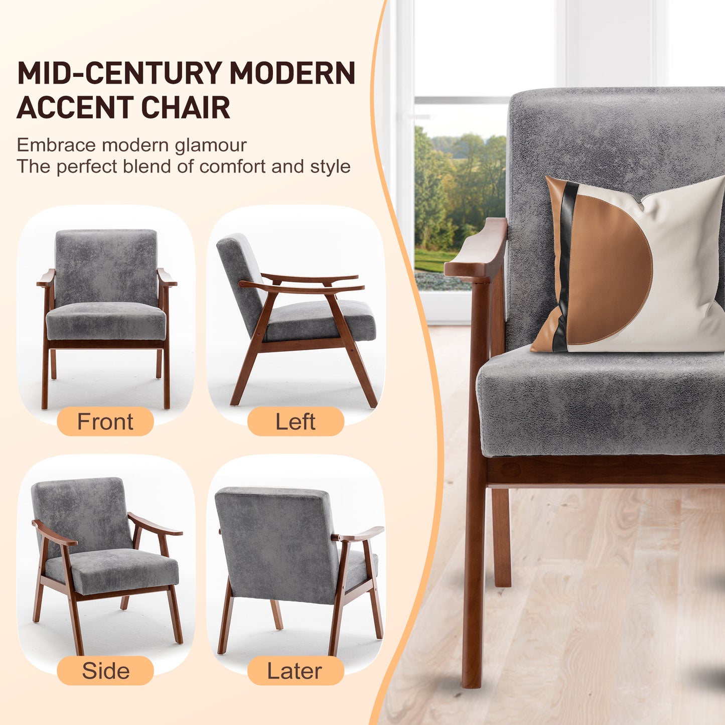Mid-Century Modern Chair, Living Room Chair With Solid Wood Frame,