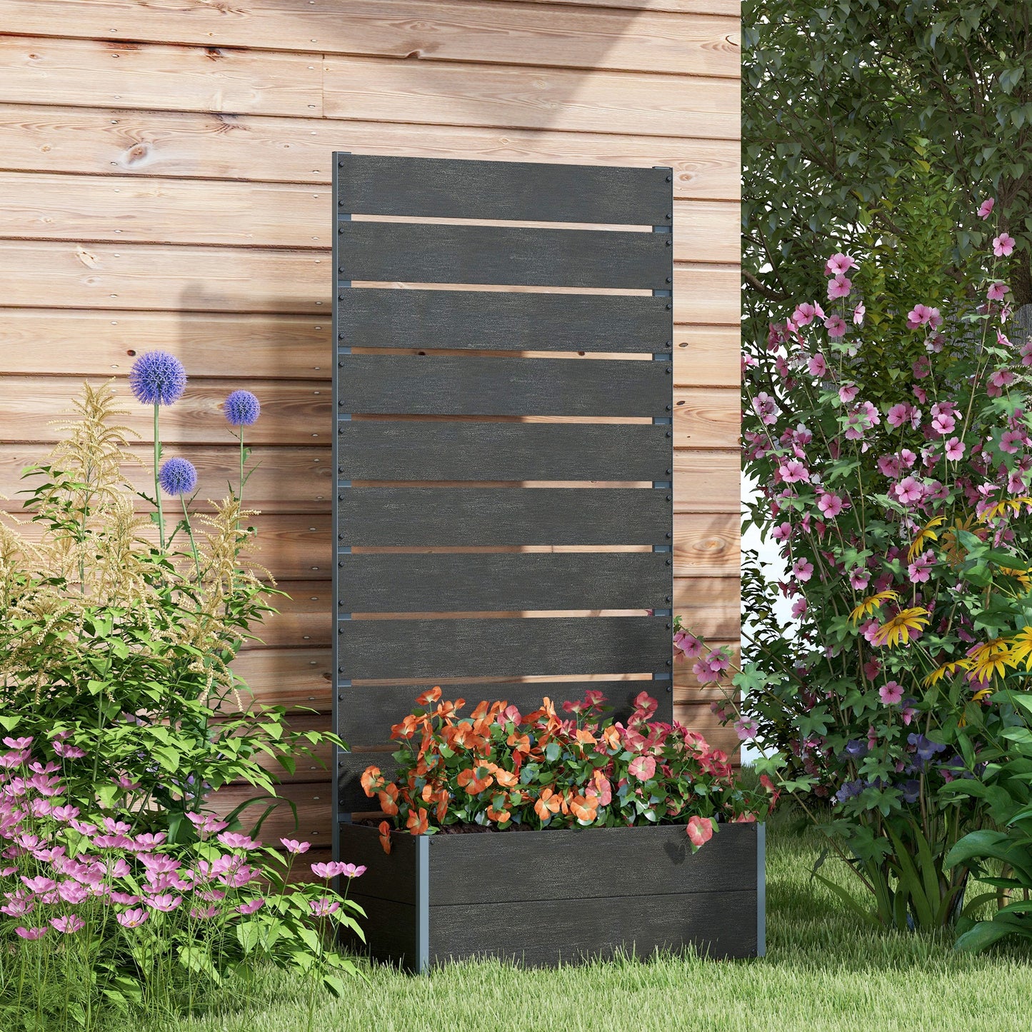 Outdoor Raised Garden Bed with Trellis - Climbing Plant Planter Box, Black, 28.25 x 15 x 59 inches