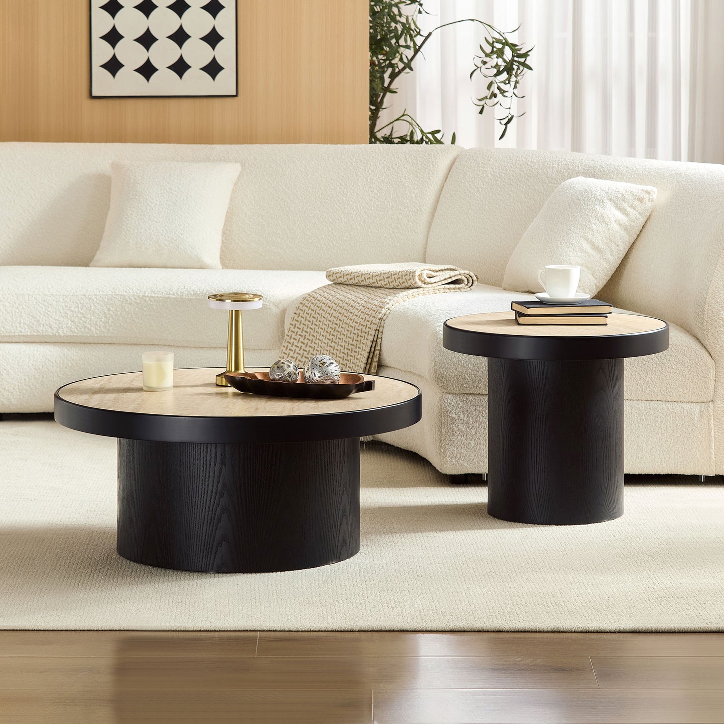 Set of 2 Round Coffee Tables - MDF with Sintered Stone Top - Black