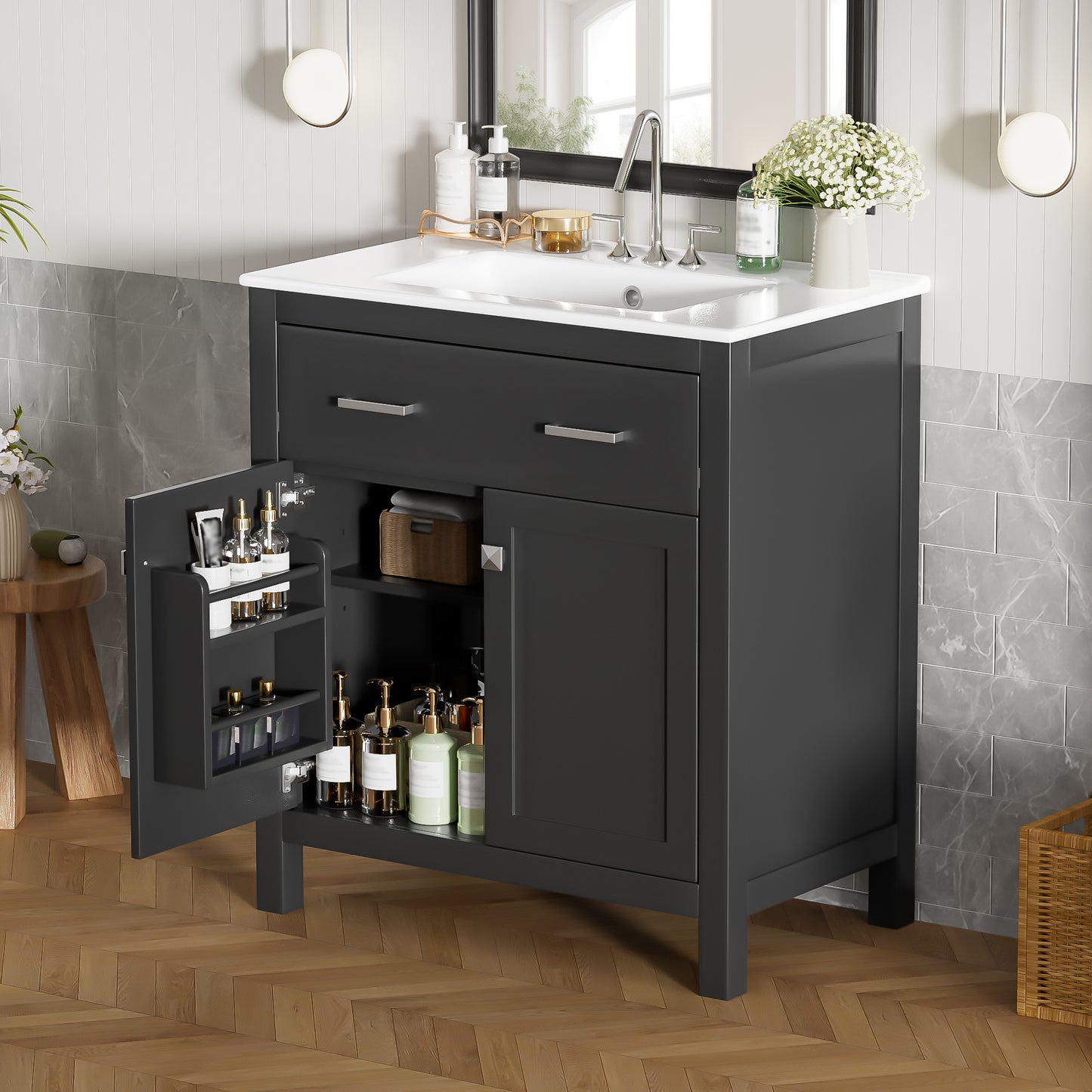 30" Black Bathroom Vanity with Ceramic Sink & Soft Close Doors