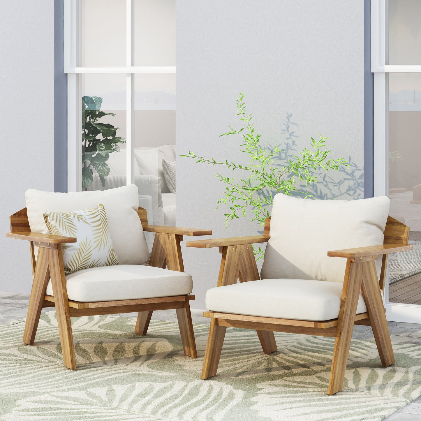 Outdoor Acacia Wood Club Chairs With Cushions Set Of 2 , Teak Finish