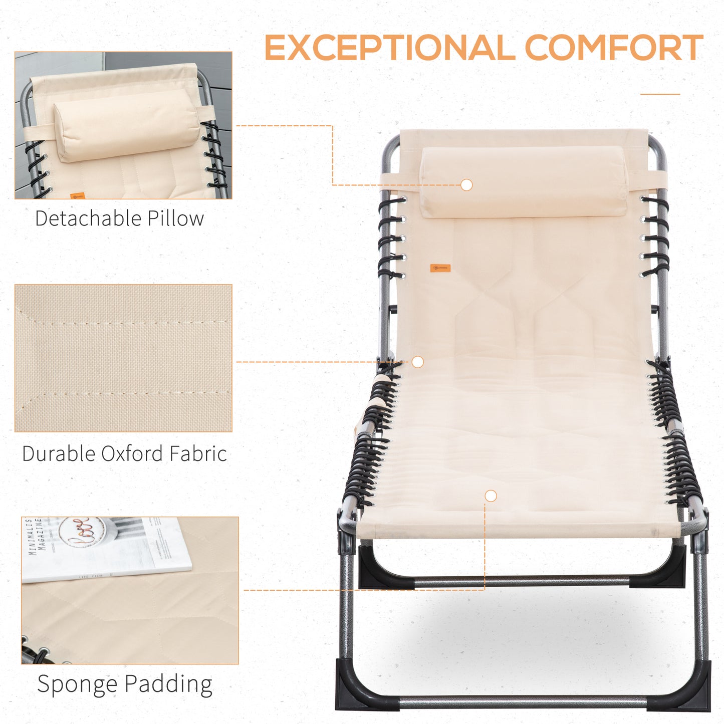 Padded Folding Chaise Lounge Chair - 6-Level Reclining Beach Chair