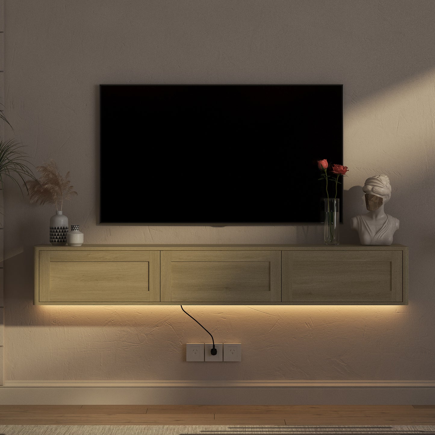 Floating TV Stand with LED Lights & Power Outlet - Wood