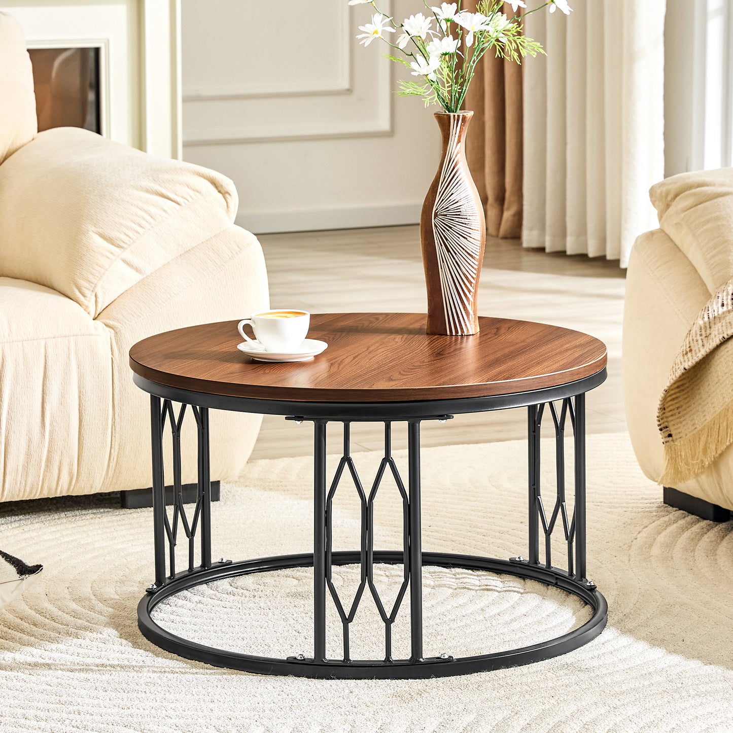Walnut Round Coffee Table - 27.5" MDF Top, Metal Legs