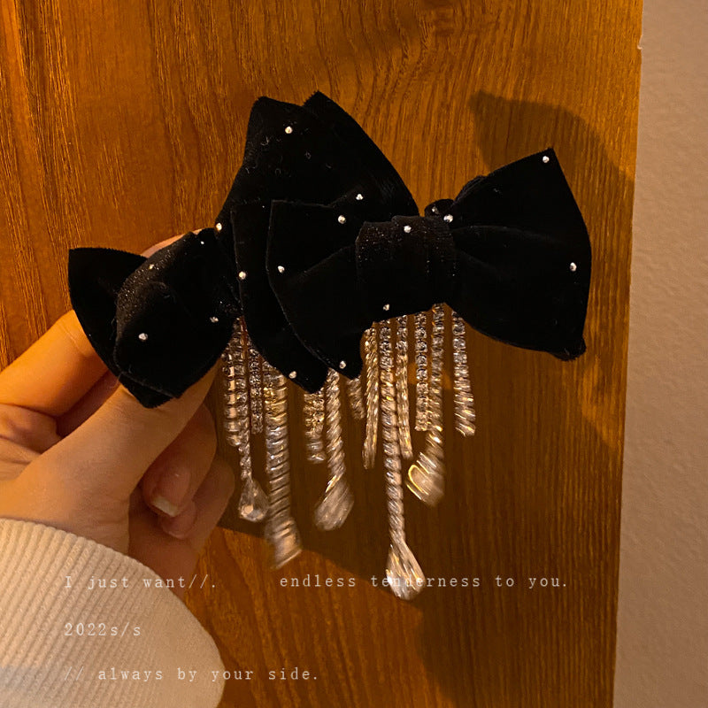 Red Bow Encrusted Tassel Hairpin Back Head Spring Clip - Elegant Hair Accessory