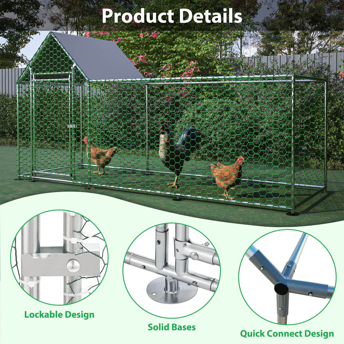 Large Metal Chicken Coop with Walk-In Run, Cover & Lockable Door - Multiple Sizes