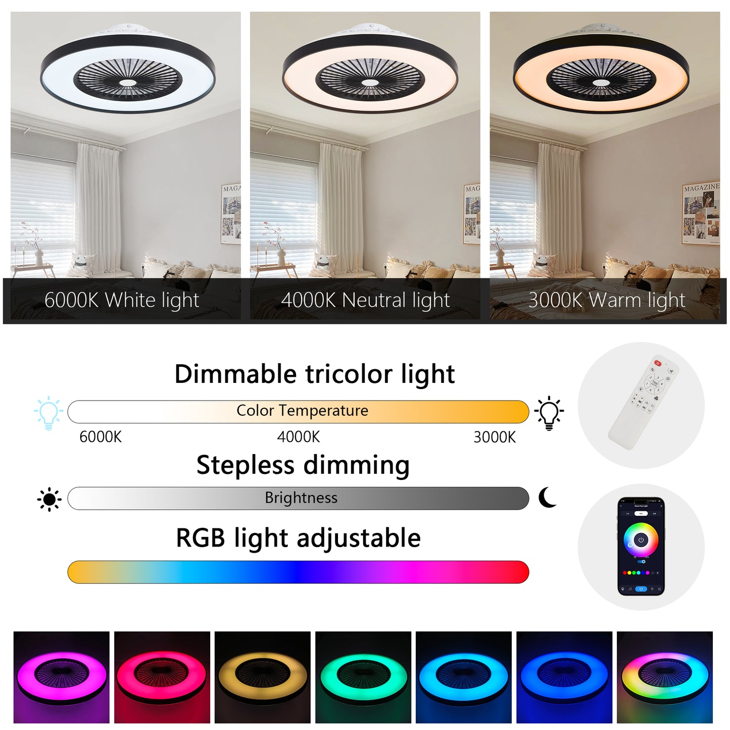 23-Inch Black Ceiling Fan Light with RGB LED & Remote Control