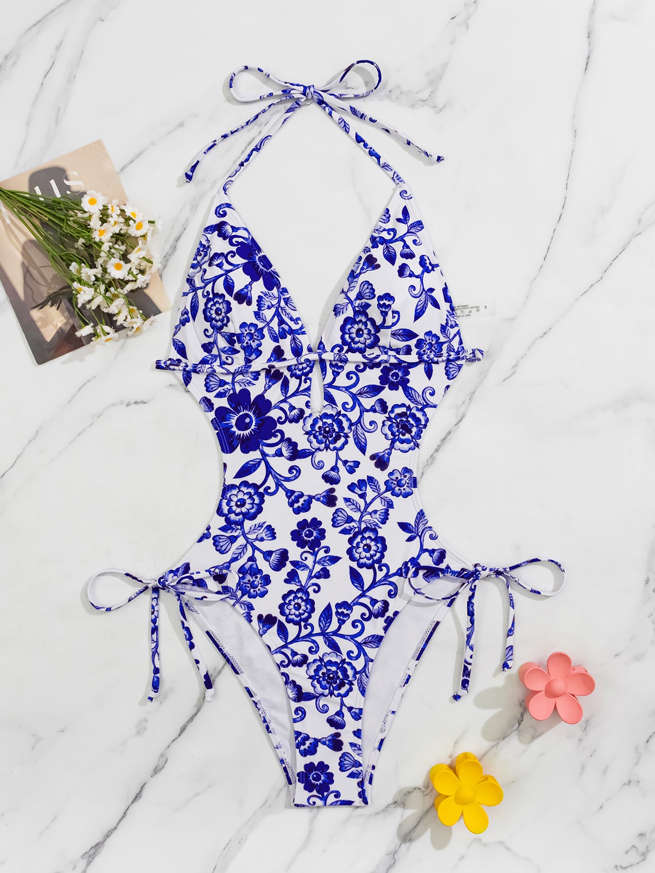 Women's Floral Halter One-Piece Swimsuit with Cutout Waist