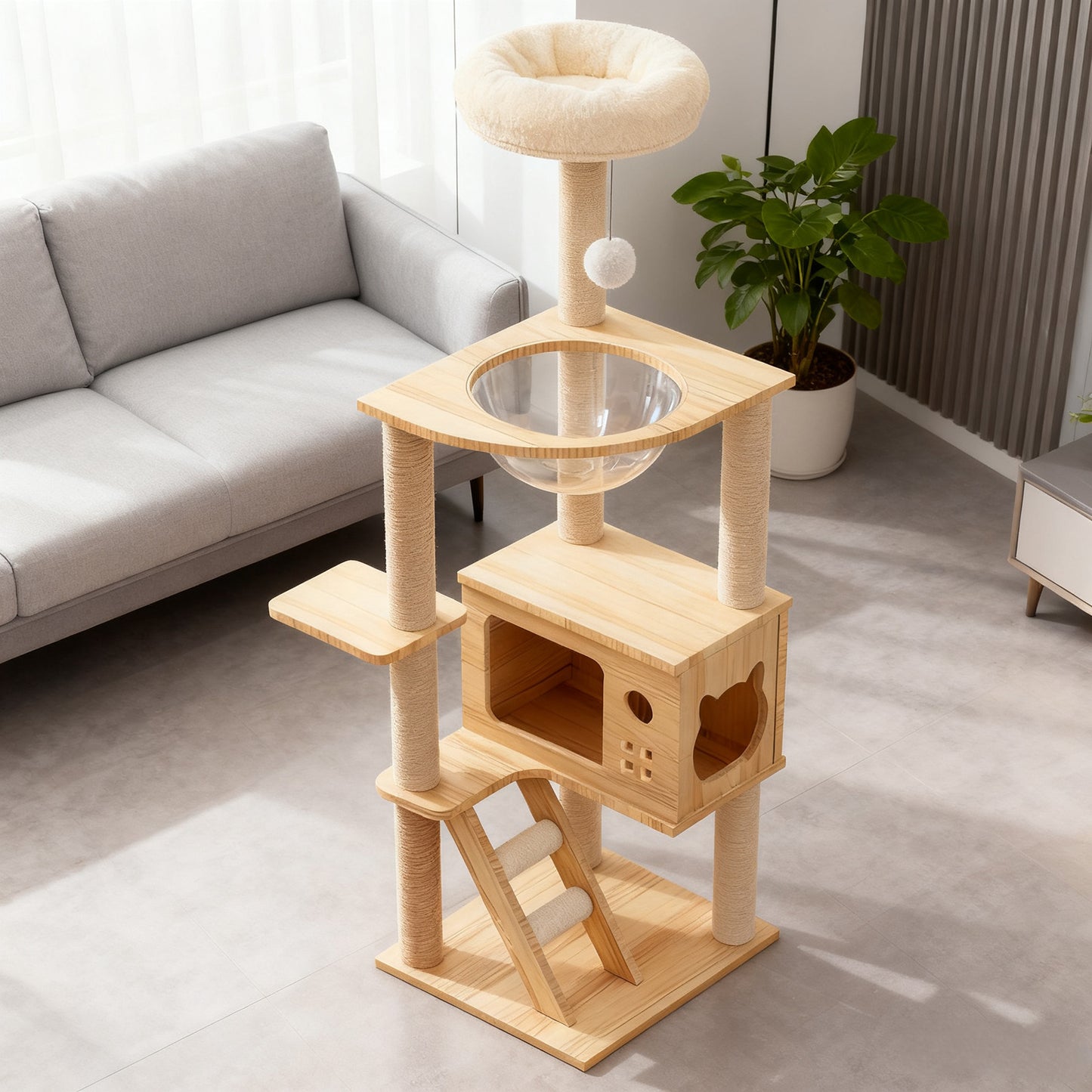48.8-Inch Modern Wooden Cat Tree Tower with Sisal Posts & Top Perch
