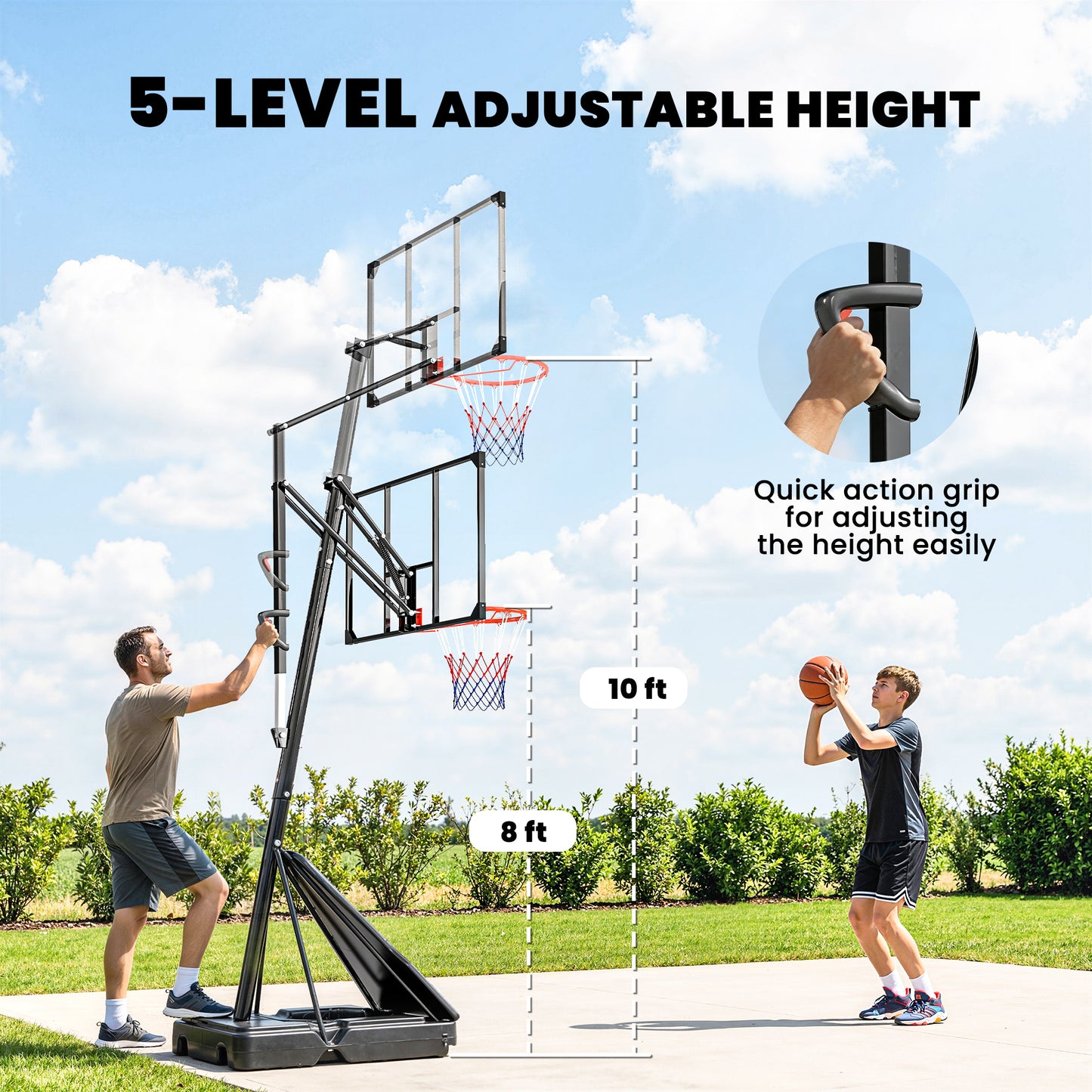 Adjustable Portable Basketball Hoop - 8-10ft Height, 47" Backboard