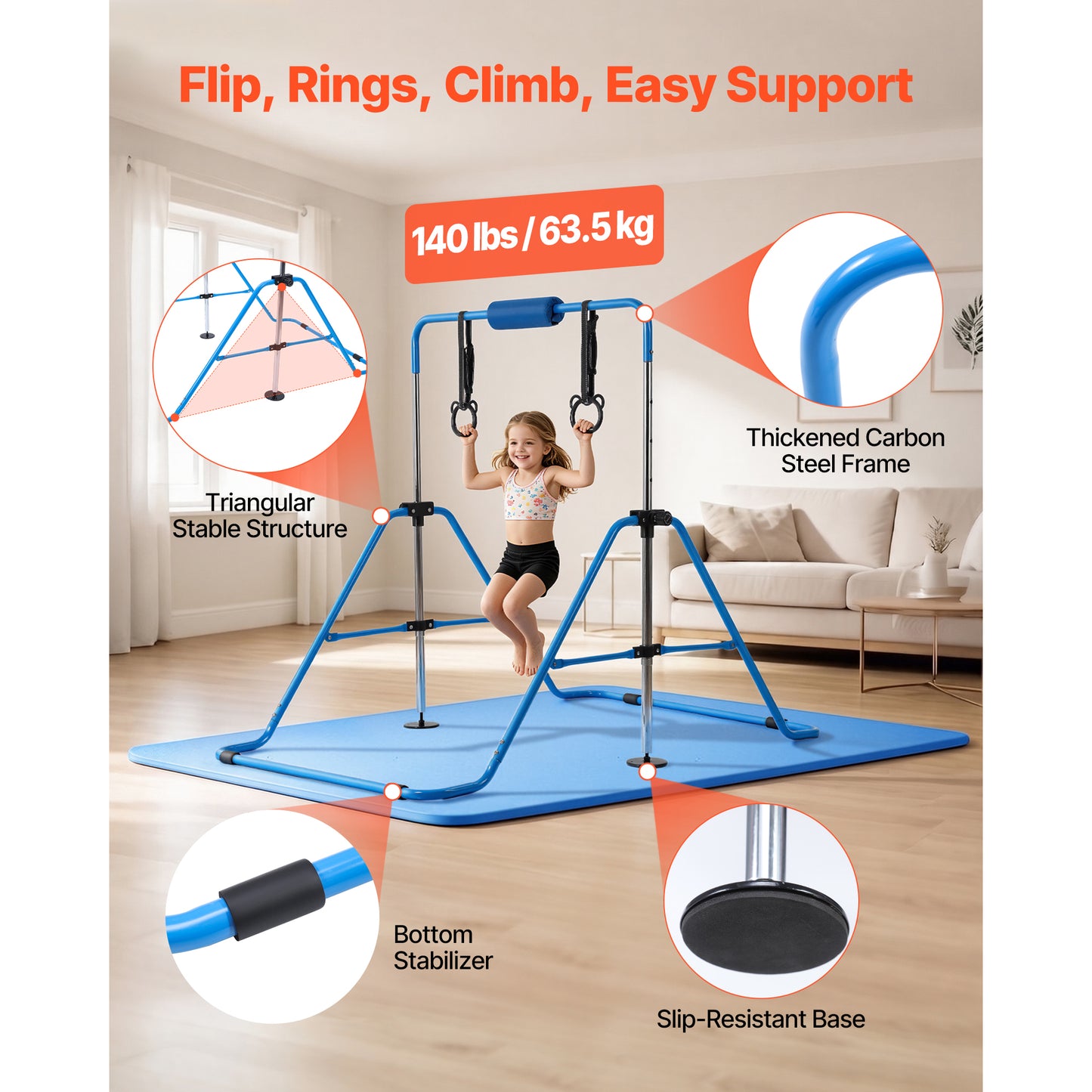 Kids Gymnastic Bars - Adjustable Height Folding Training Kip Bar with Mat, Blue