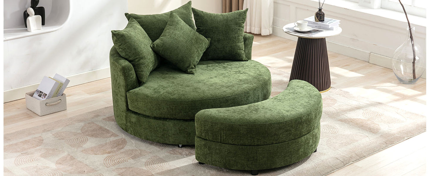 360° Swivel Accent Barrel Chair with Storage Ottoman & 4 Pillows - Green