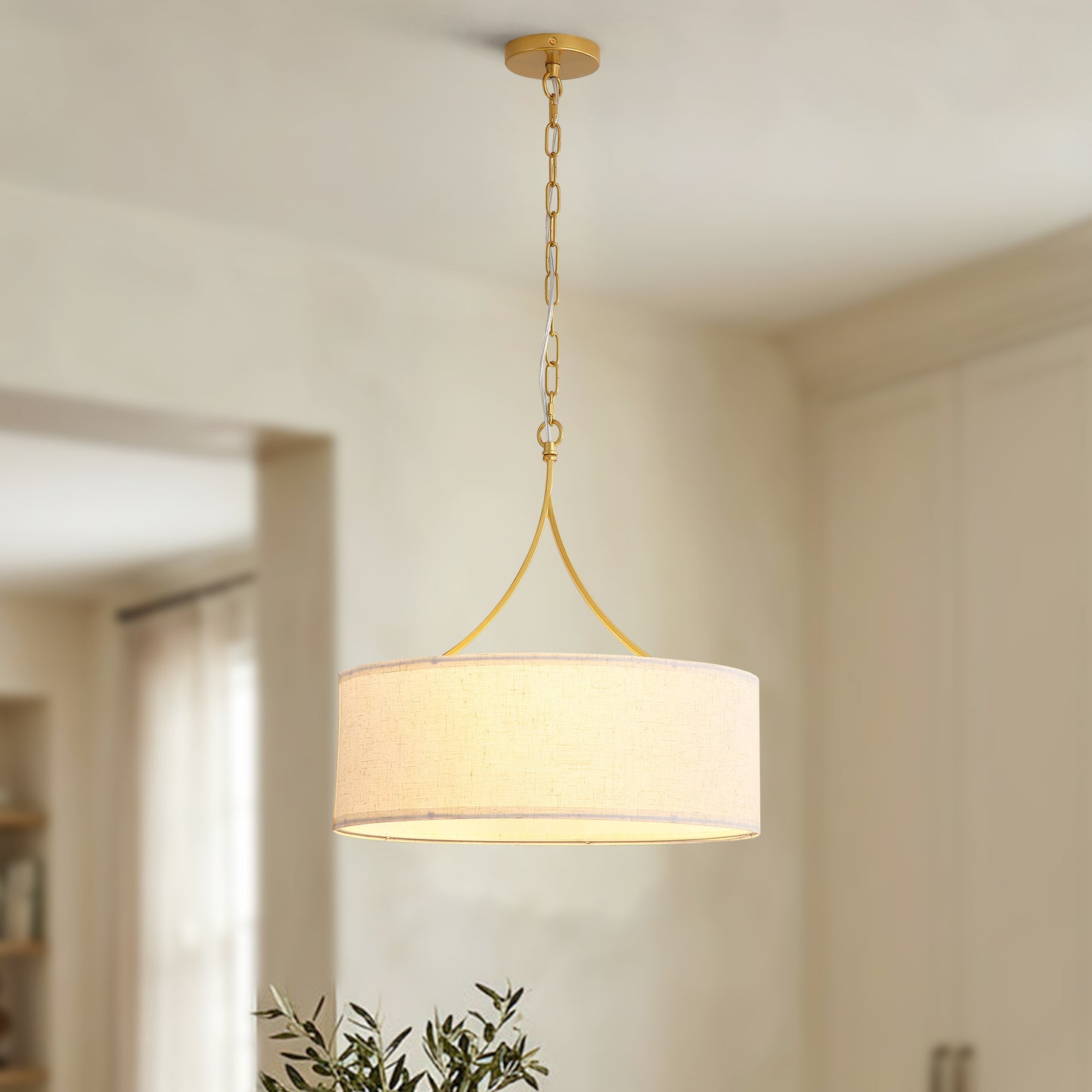 Golden Fabric Pendant Light - Adjustable Drum Chandelier for Dining & Living Rooms