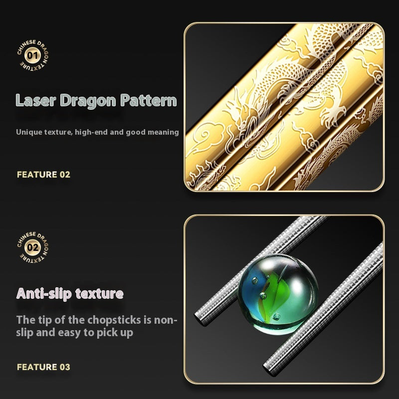 Stainless Steel Chopsticks with Dragon Pattern - Food Grade Kitchen Utensils