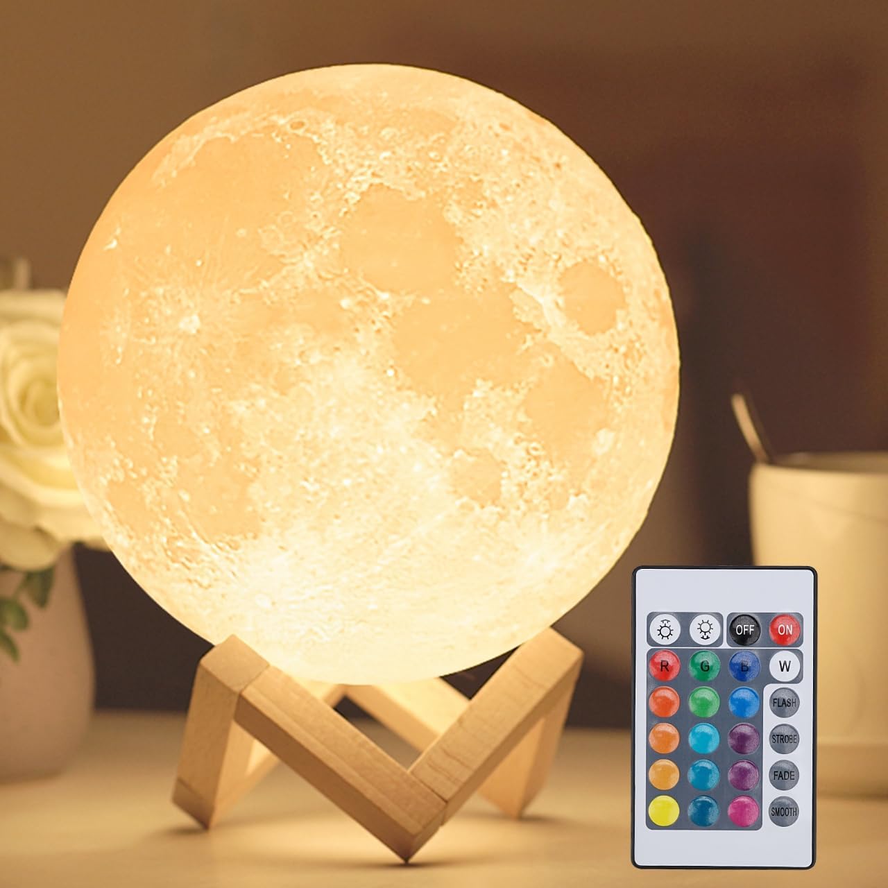 16-Color LED Moon Lamp with Stand and Remote - Night Light for Bedroom