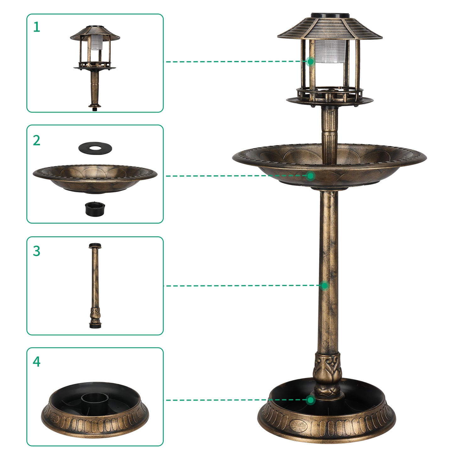 Solar Bird Bath with Bronze Finish - Outdoor Garden Decor 51x51x107cm