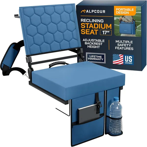 Folding Reclining Stadium Seat with Back Support - Navy Blue