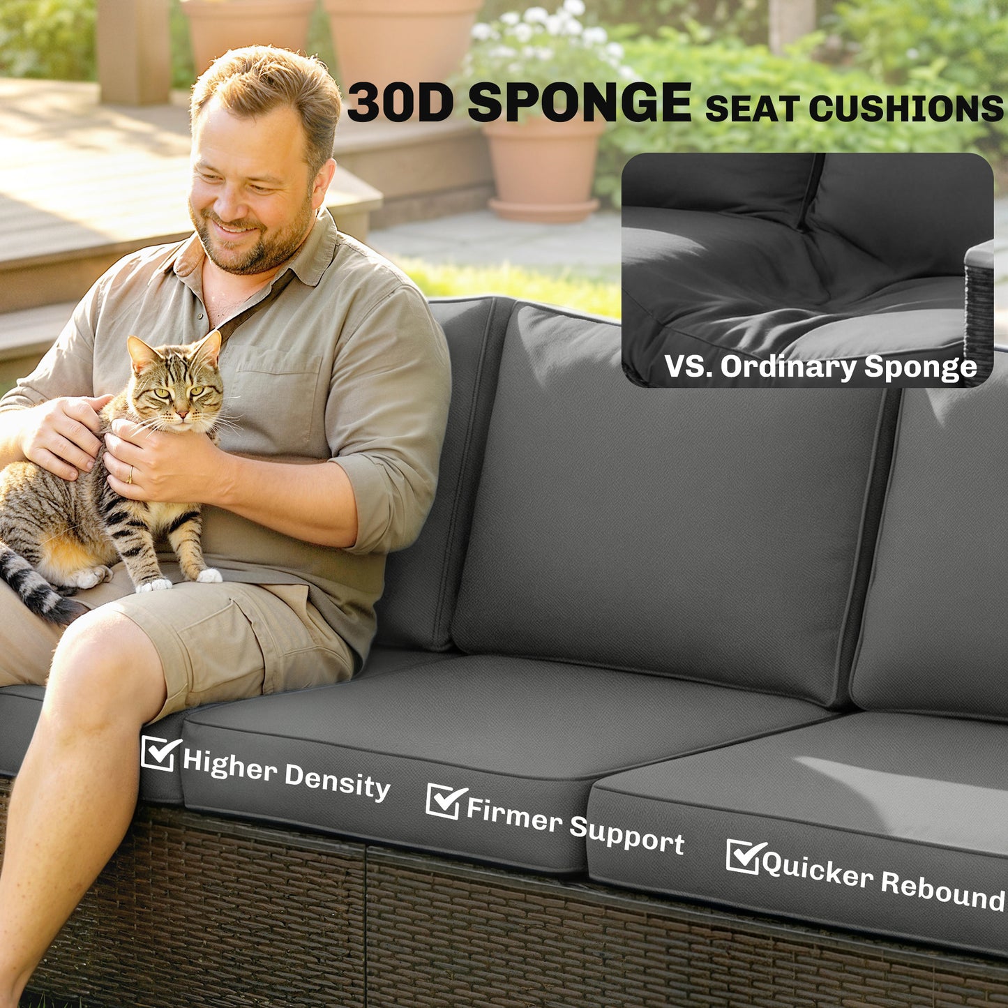 Outdoor Wicker Sofa - 3 Seater Patio Couch with Cushions, Gray
