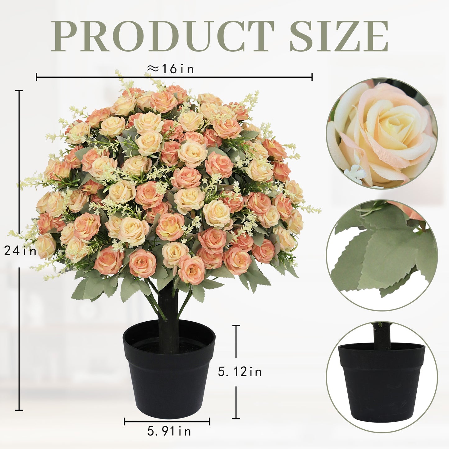 24-Inch Artificial Rose Plant - UV Resistant Faux Floral - Yellow