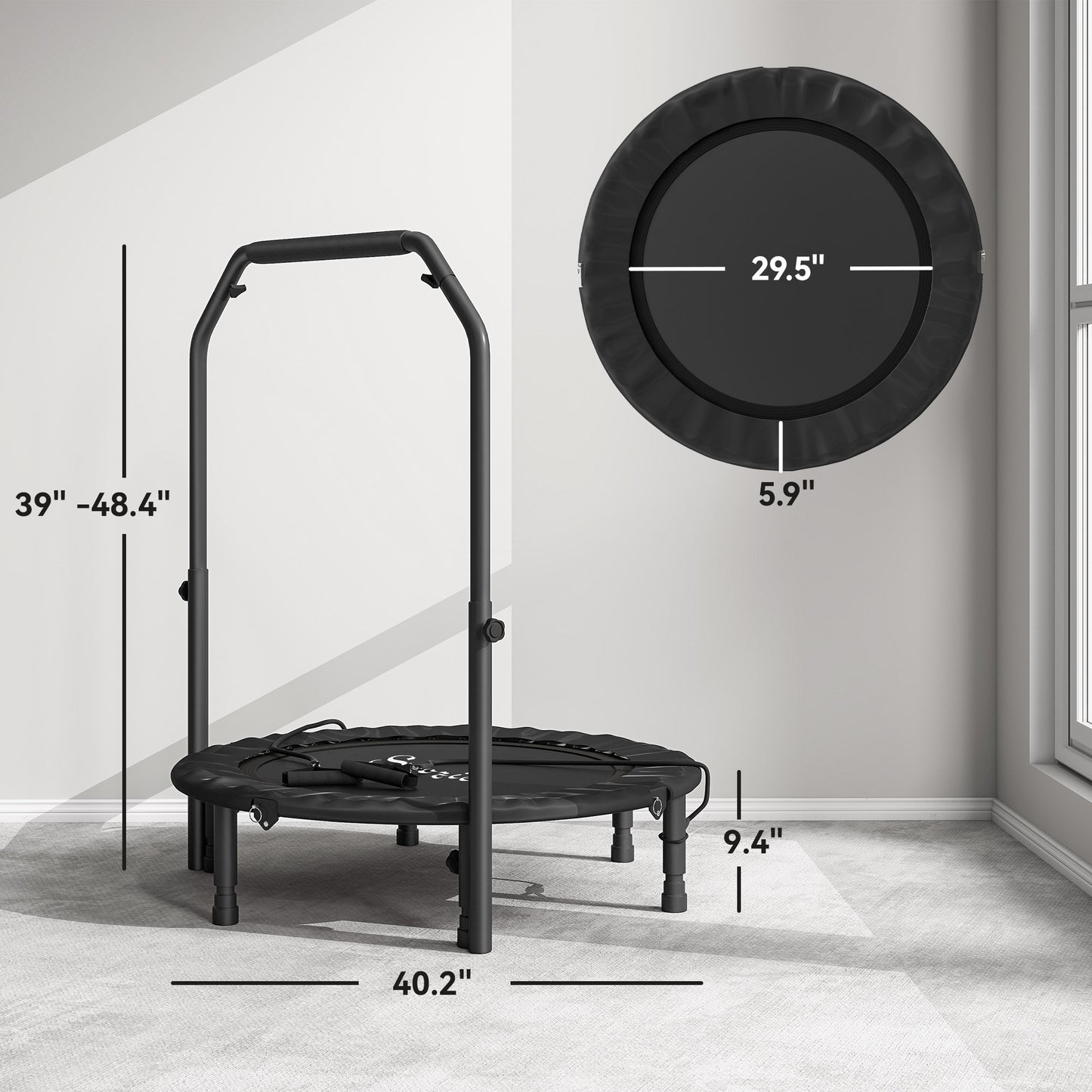40" Foldable Mini Trampoline for Adults - Adjustable Handle, Black
