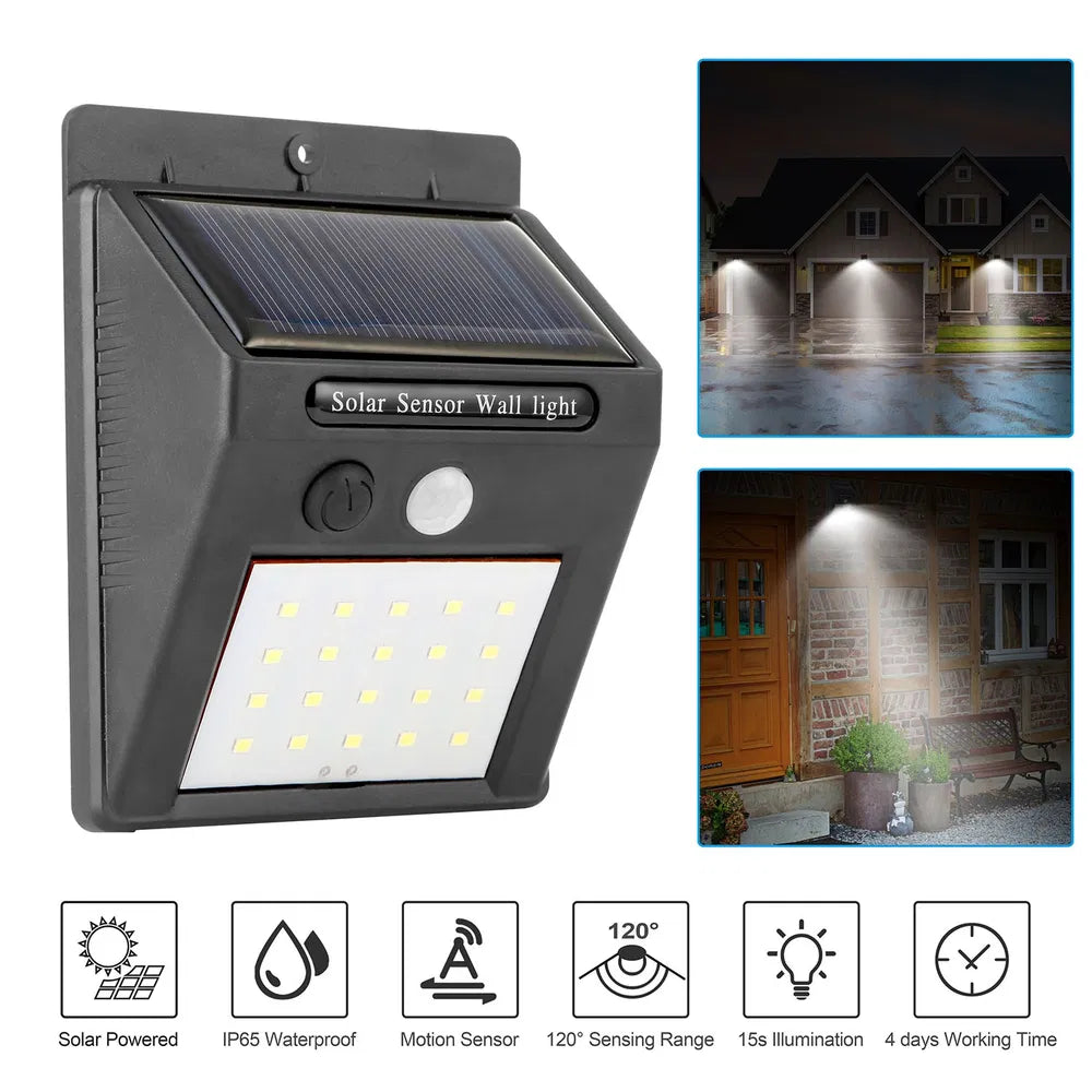 Solar Motion Sensor Light - 20 LEDs, IP65 Waterproof, Black