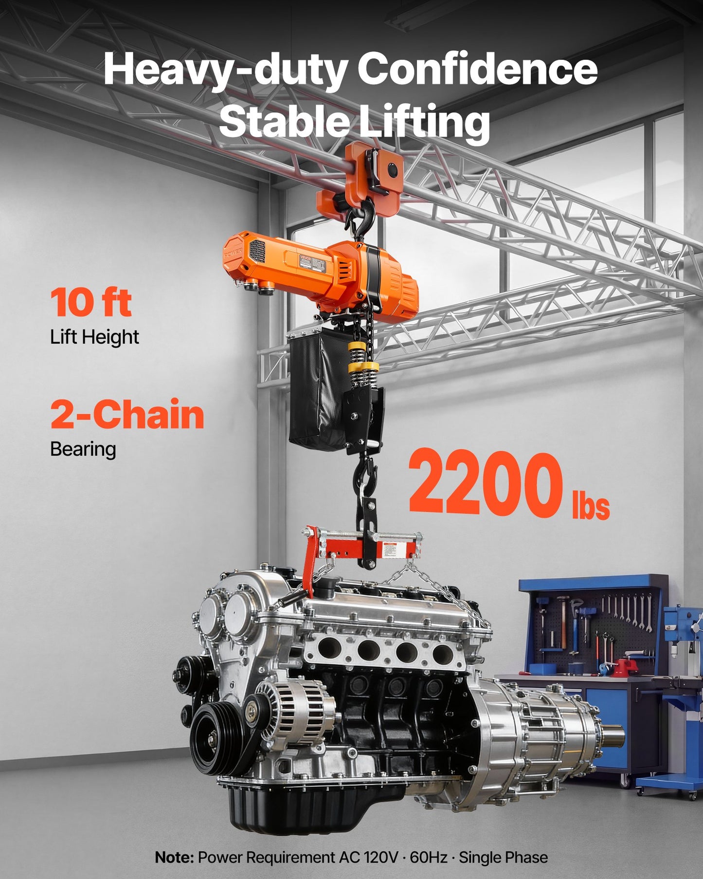2200 Lb Electric Chain Hoist with Wireless & Wired Remote Control - 10 Ft Lift, 120V Overhead Crane for Factories & Warehouses