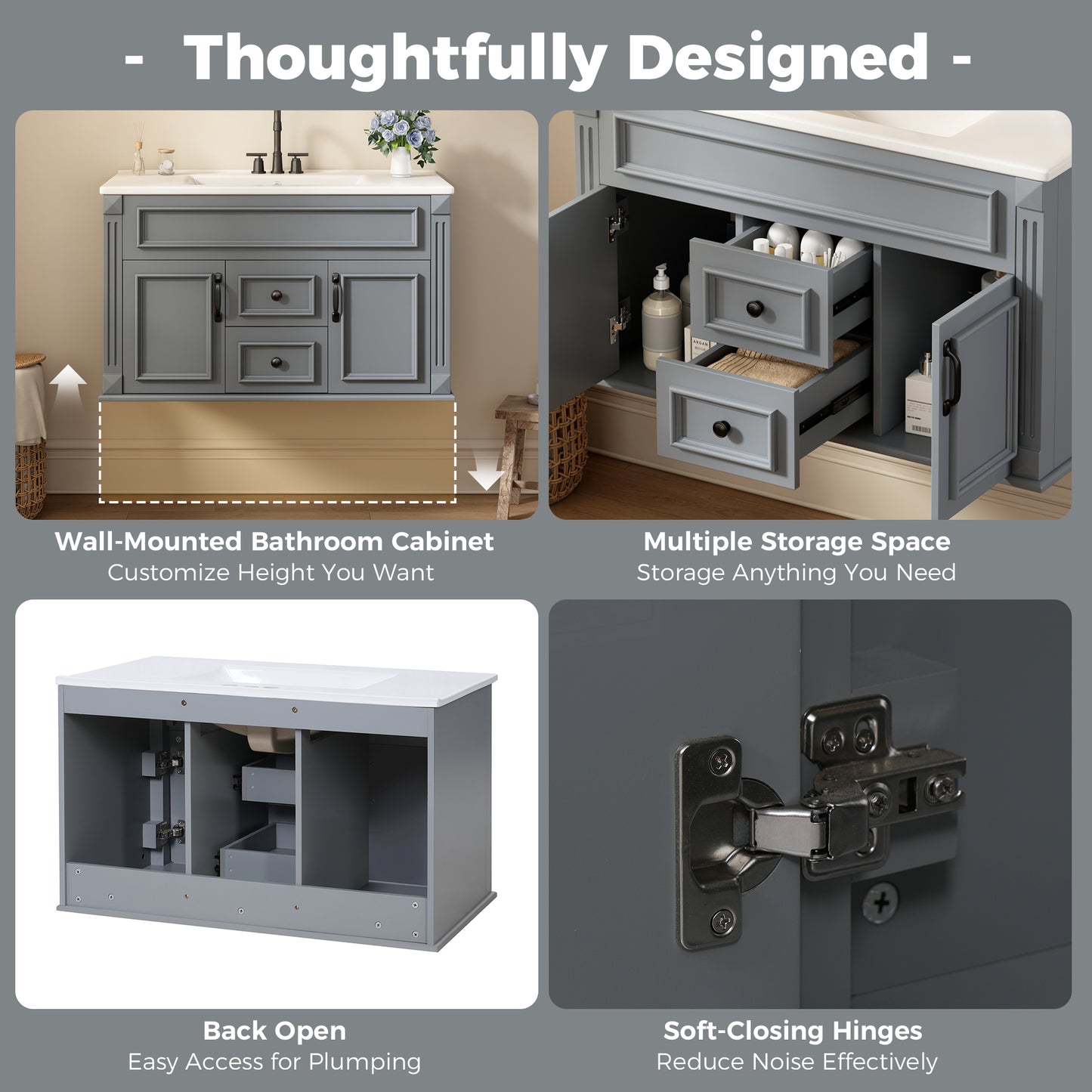 36-Inch Wall-Mounted Bathroom Vanity with Ceramic Sink - Gray