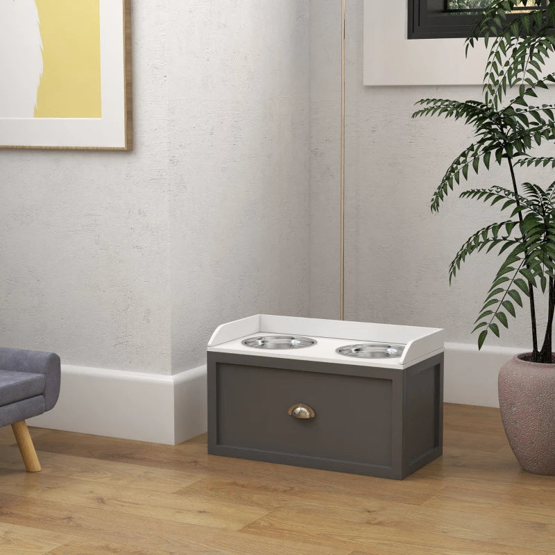 Elevated Pet Feeding Station with Storage - Large Dog Bowls, Gray