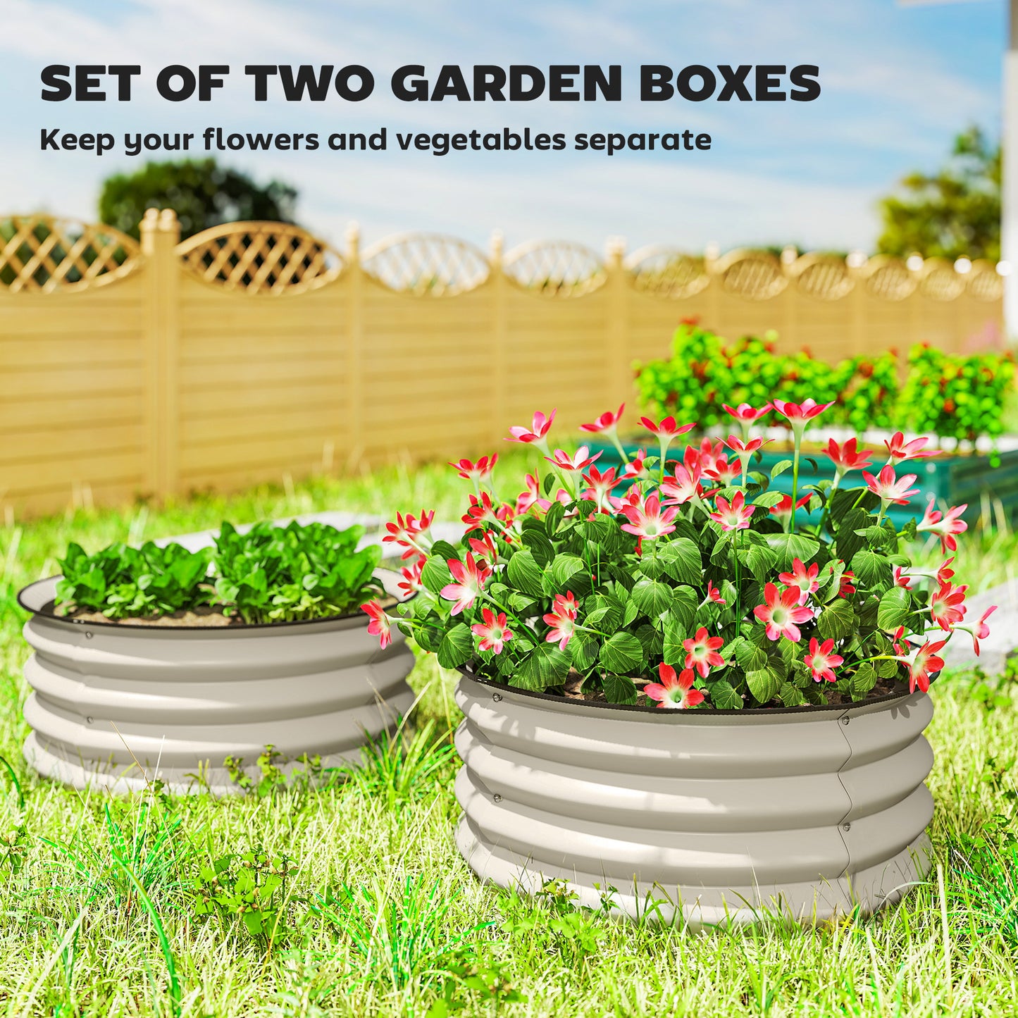 Set of 2 Raised Garden Beds Metal Planter Boxes Cream Weatherproof Outdoor