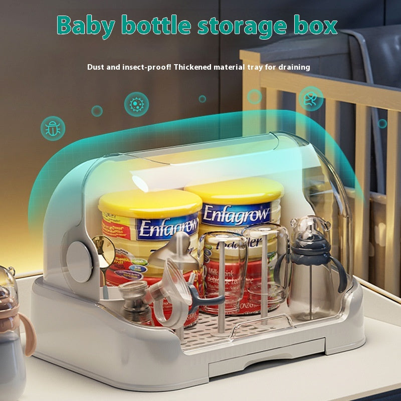 Baby Tableware Storage Box with Draining Rack Dustproof Cover Multi-Size