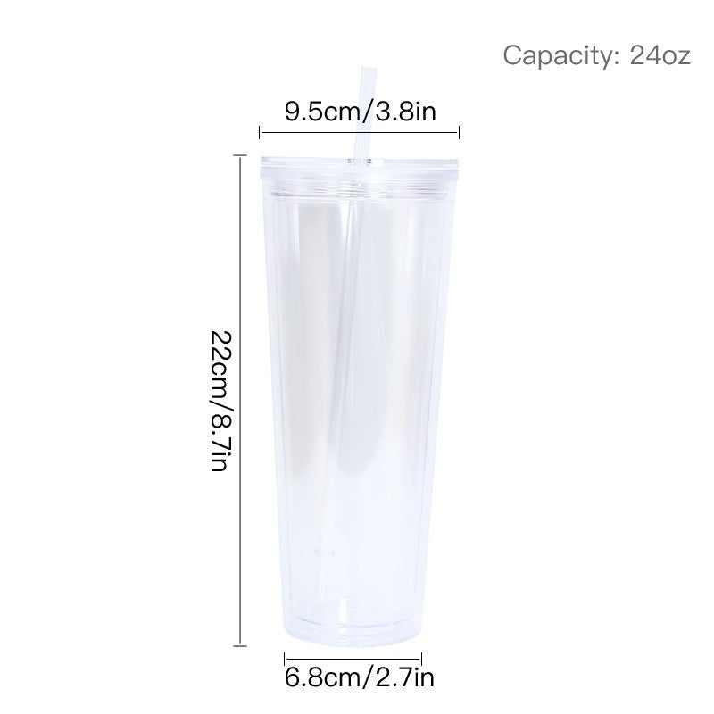 Double-Layer 24oz Acrylic Plastic Cup with Flat Lid and Plug - Leakproof Drinkware