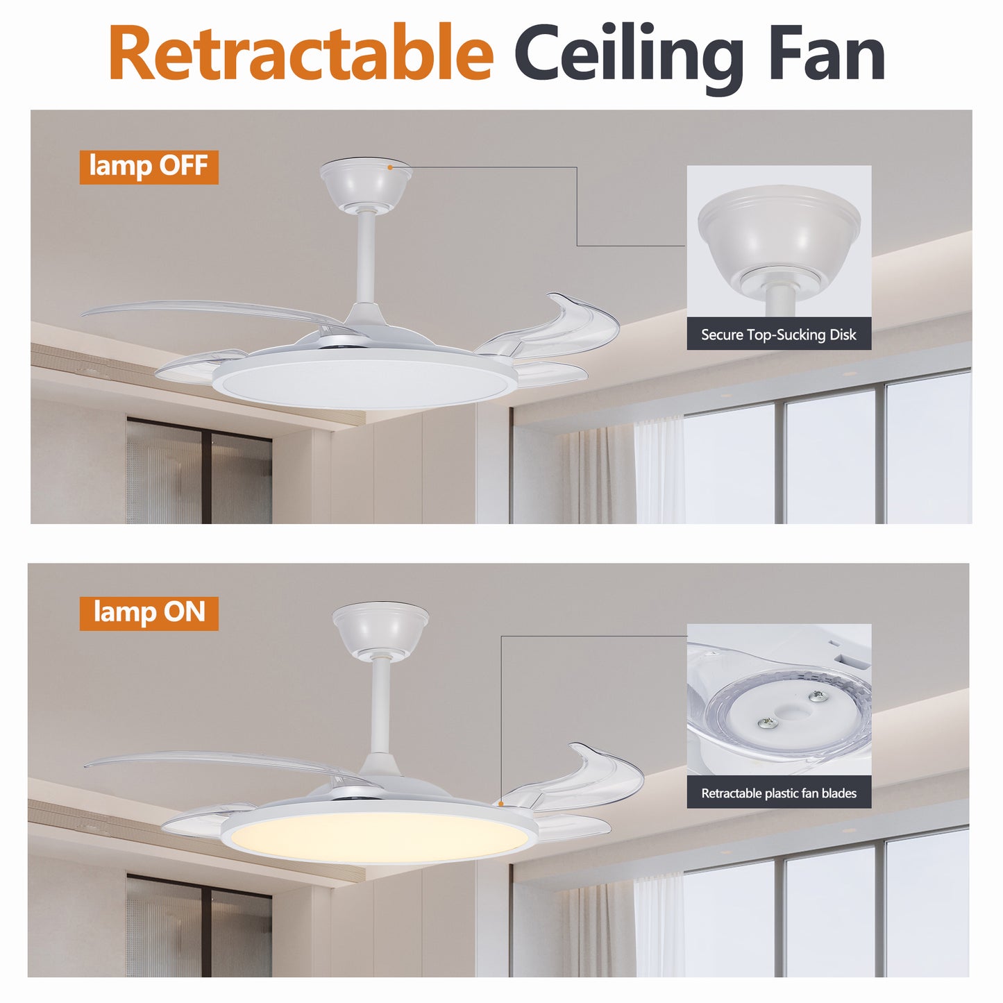 Retractable Ceiling Fan with Light and Remote Control - White