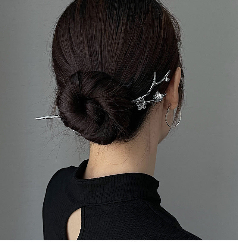 Metal Hairpin Hair Accessories for Women - Chinese Flower Design, Silver & Gun Black