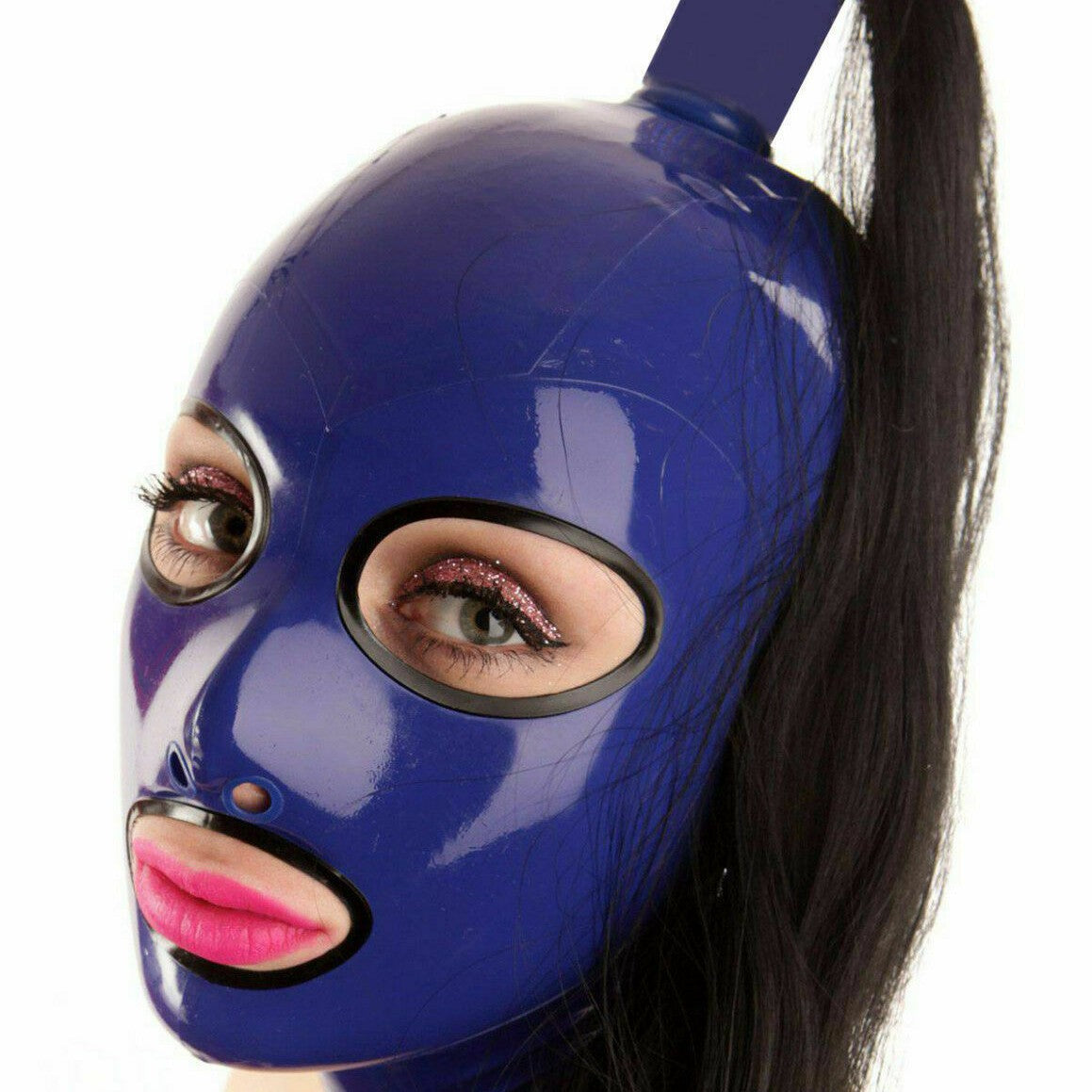 Latex Head Cover Role-Playing Mask with Zipper - Blue, Size M
