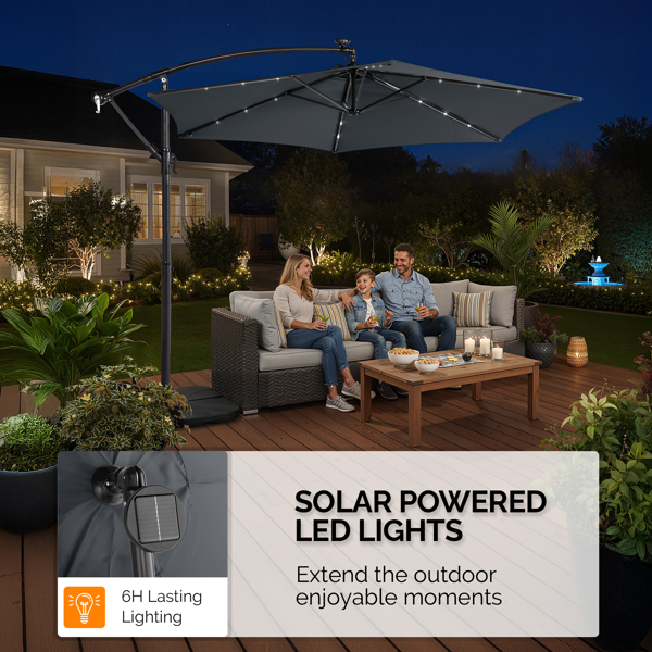 10FT Round Hanging Patio Umbrella with LED Lights & Stand - Gray