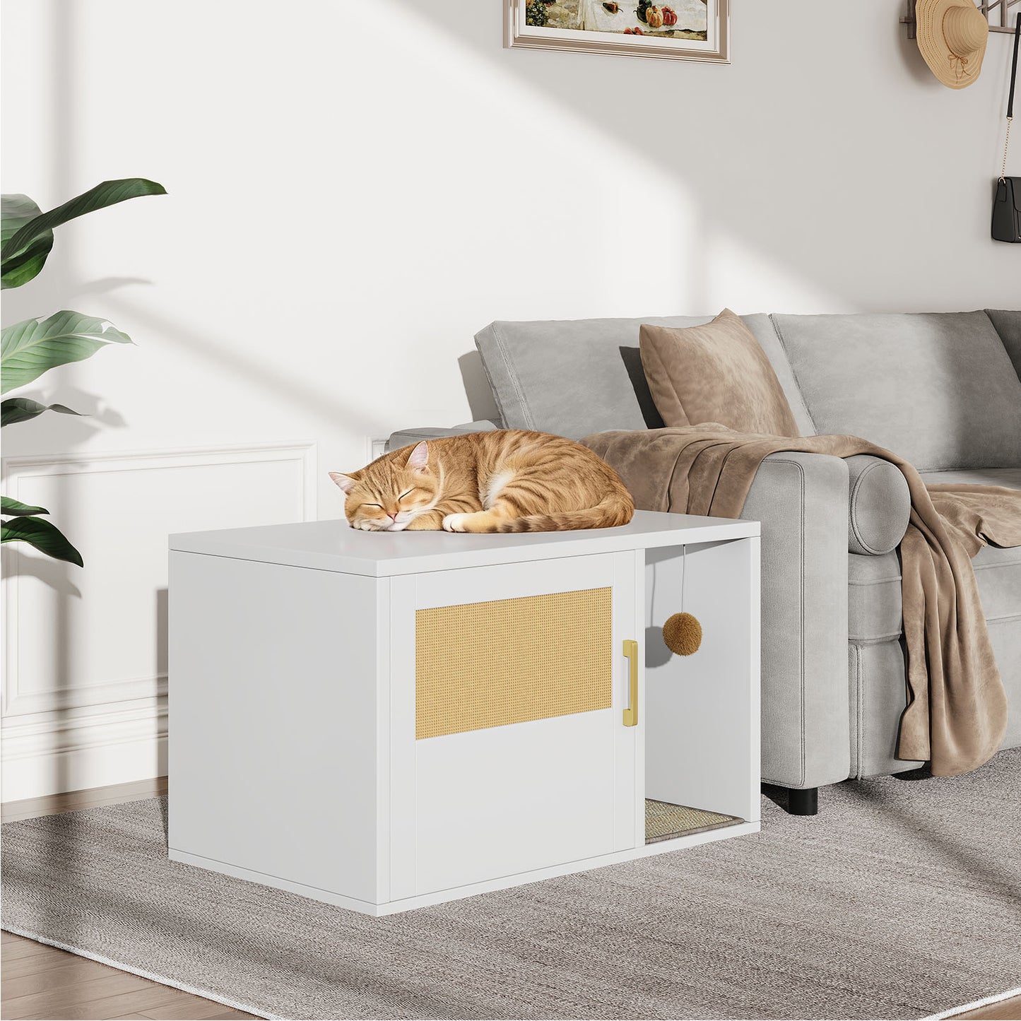 Multifunctional Cat Litter Box Cabinet with Odor Control & Side Table - White