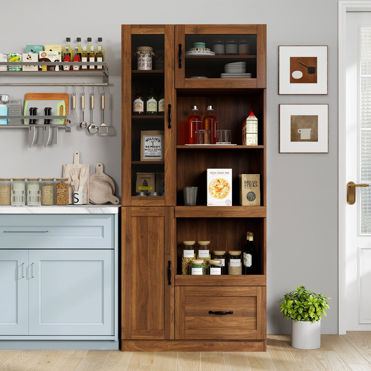 Kitchen Hutch Cabinet Farmhouse Buffet With Microwave Stand,