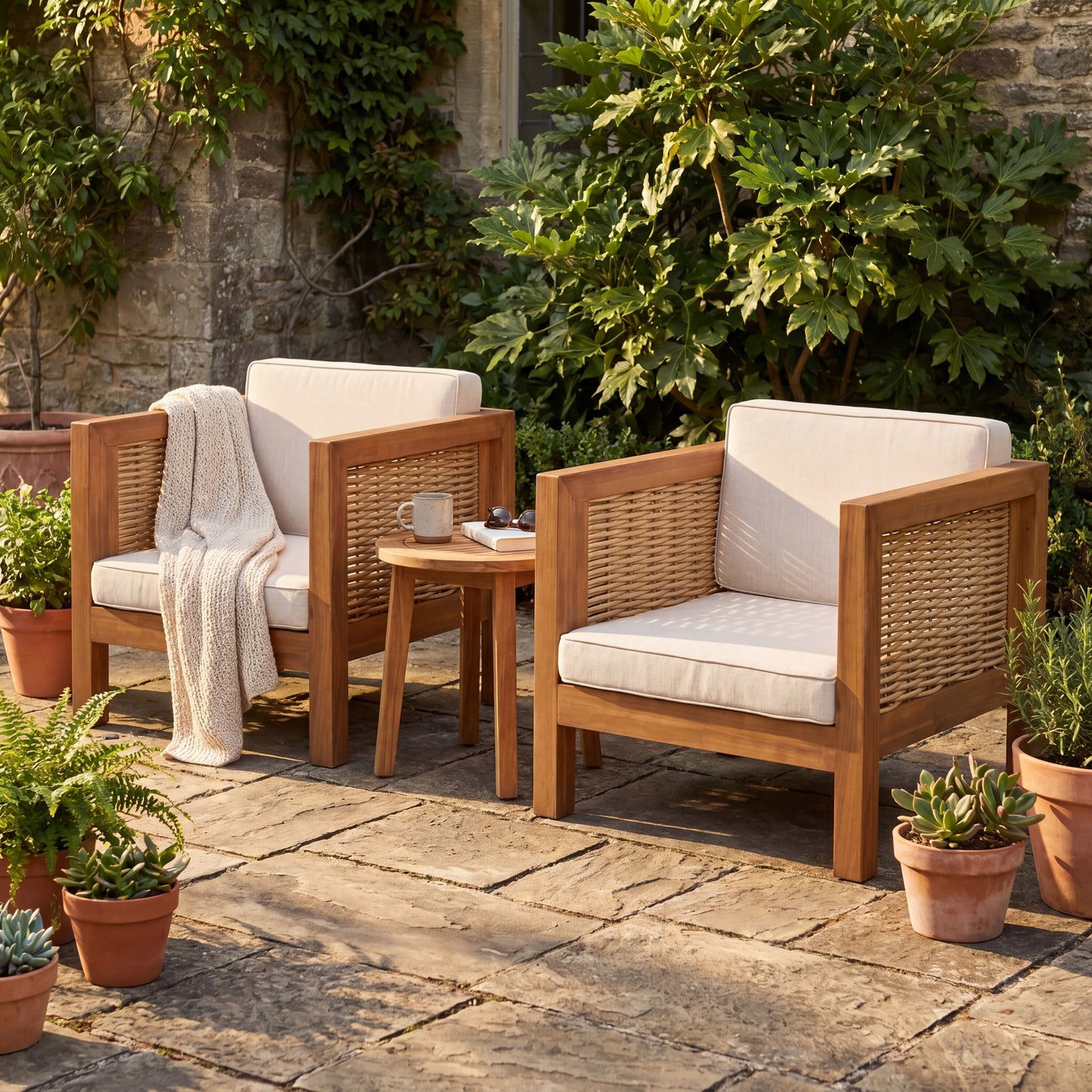 Outdoor Club Chair Set of 2 - Acacia Wood Frame & Beige Cushions