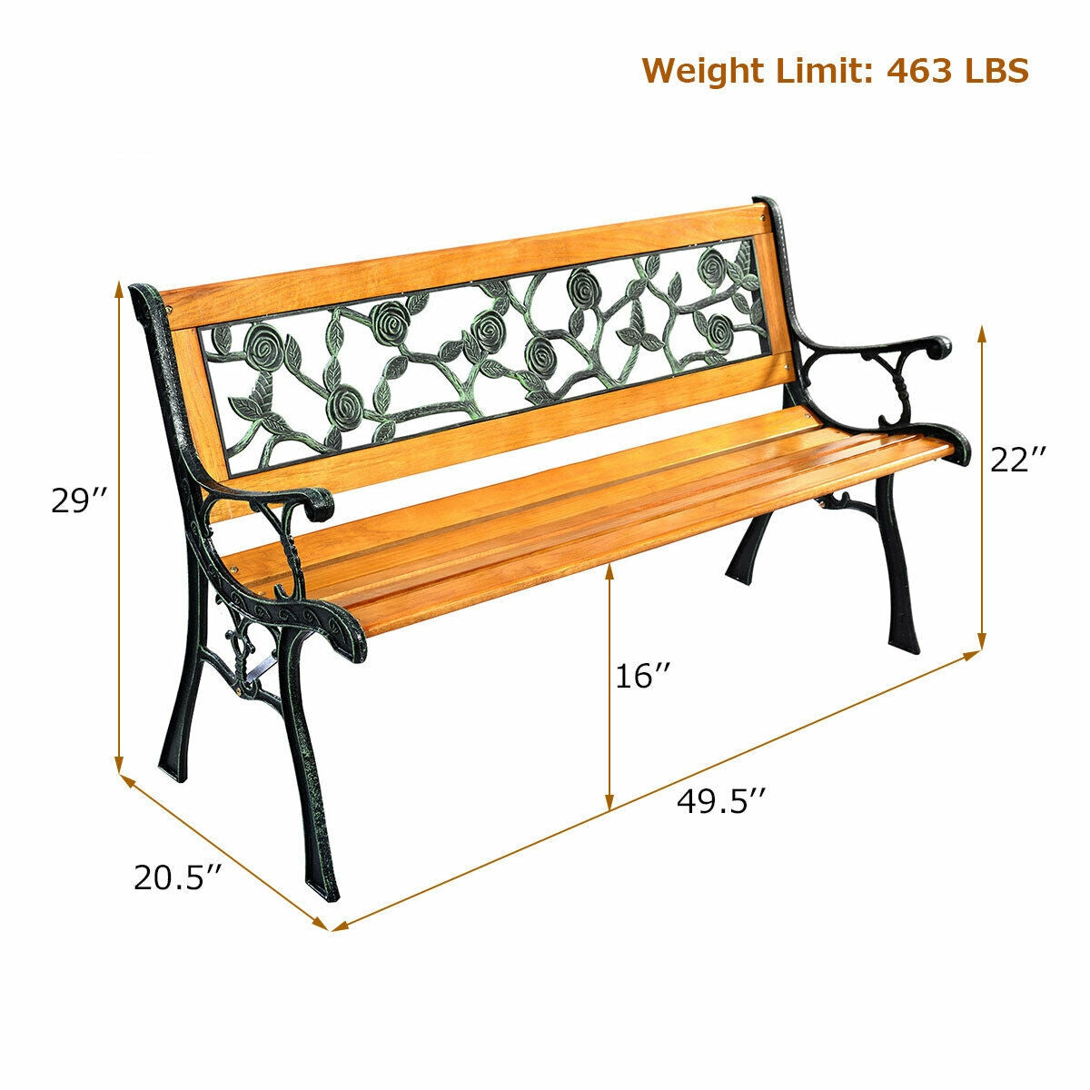 Outdoor Porch Bench - 49.5" Iron Frame with Wooden Seat