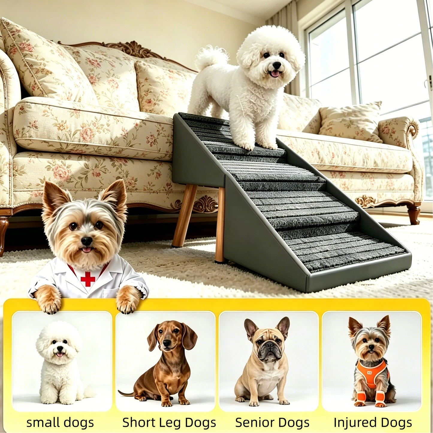 Foldable Dog Steps for Bed and Couch - 4-Step Pet Ramp for Small Dogs, Grey