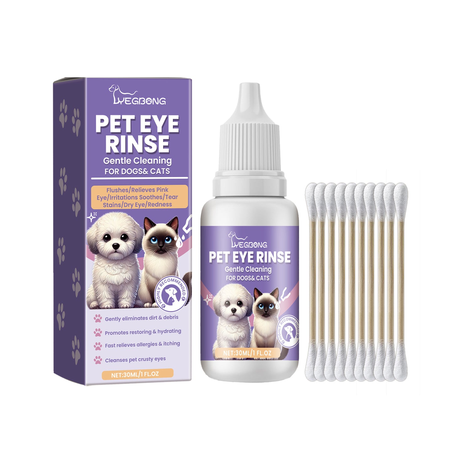 Pet Eye Rinse Solution for Dogs & Cats with Hyaluronic Acid & Honeysuckle 30ml + Cotton Swabs