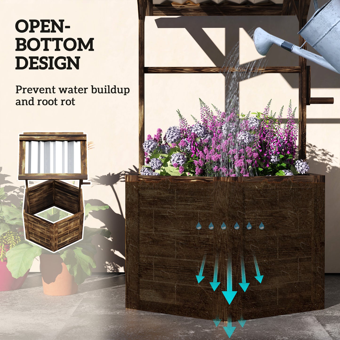 Wooden Wishing Well Planter, Raised Garden Bed With Galvanized